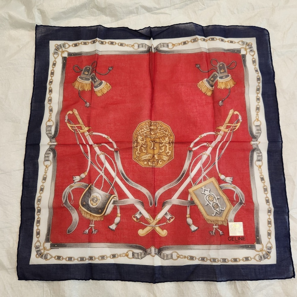 Celine Paris Vintage Equestrian Crest Cotton Scarf Handkerchief Red Navy Handbag